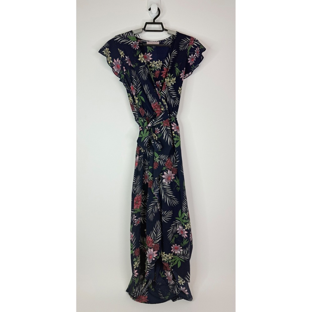 Dream‎ of Me Dress Women's Medium Wrap High Low Midi Floral Boho Navy
